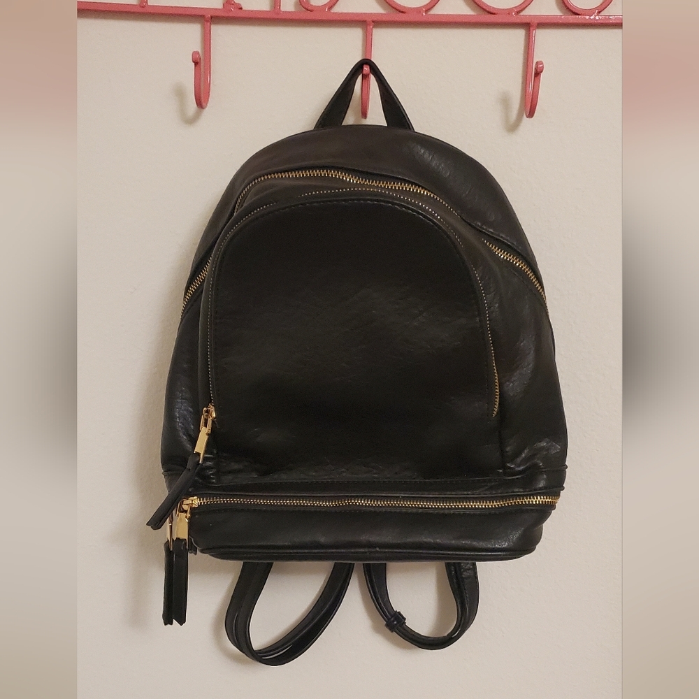 Madison West Faux Black Leather Mini Backpack Purse with Gold Zippers